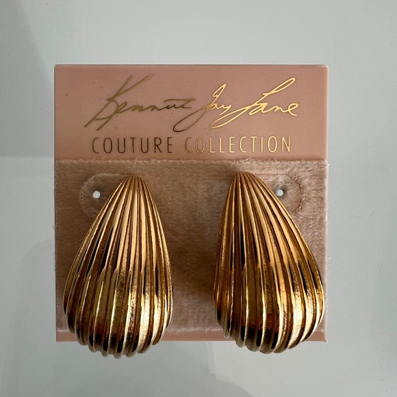 KENNETH JAY LANE Couture Collection Gold Plated Thick Ridge Half Hoop Earrings - Picture 1 of 7